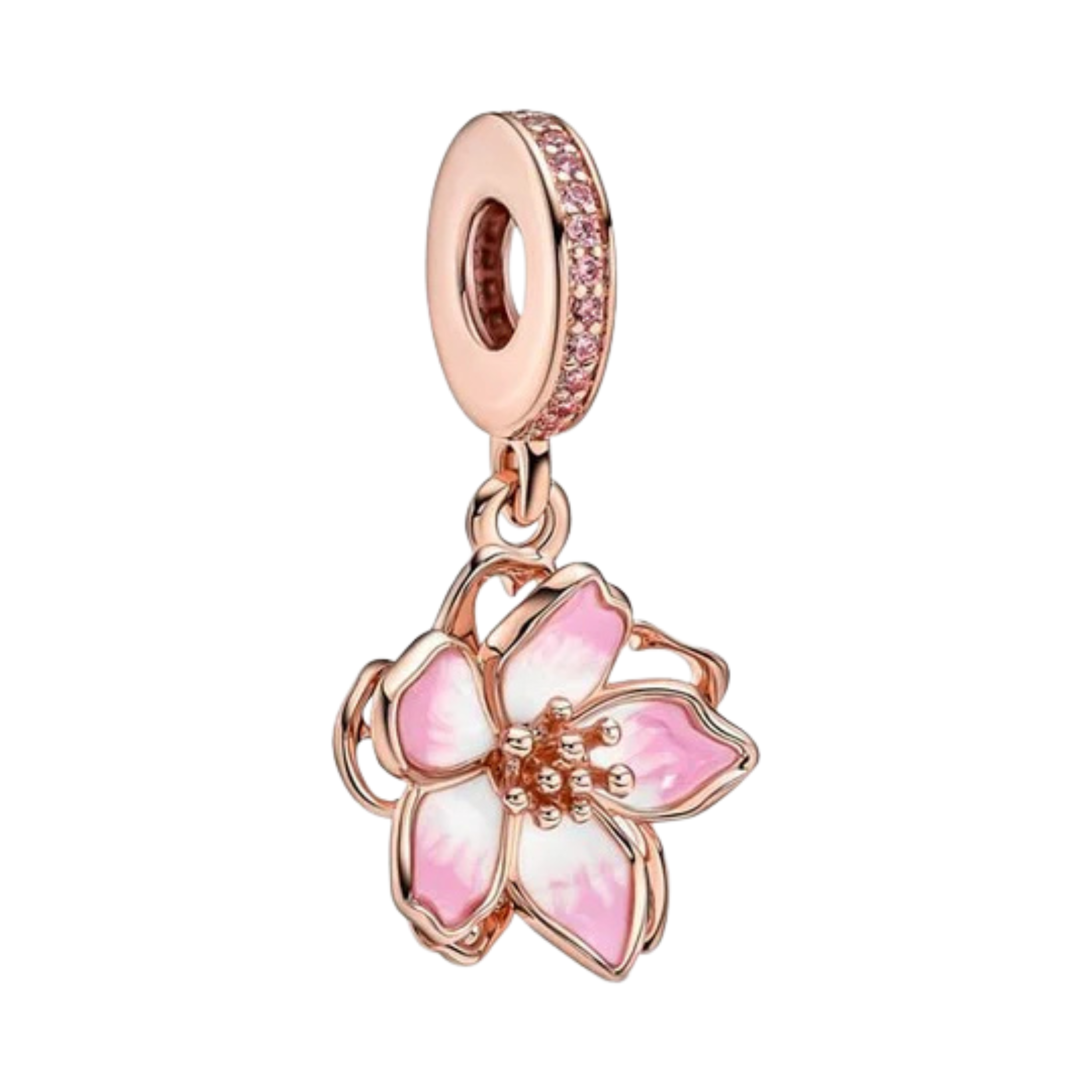 Abalorios de Dijes de Oro Rosa para Pulsera | Dijes Elegantes de Flor, Corazón y Cristal | Joyería de Lujo para Mujer