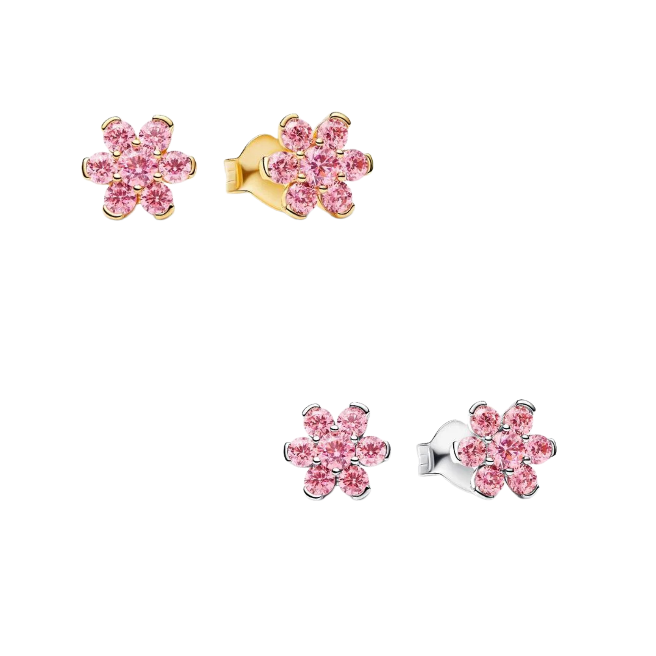 Women's Pink Flower Stud Earrings – Sparkling Pink Crystal Floral Earrings, Gold & Silver Tone, Dainty Cute Jewelry, Elegant Fashion Accessories Gifts for Her