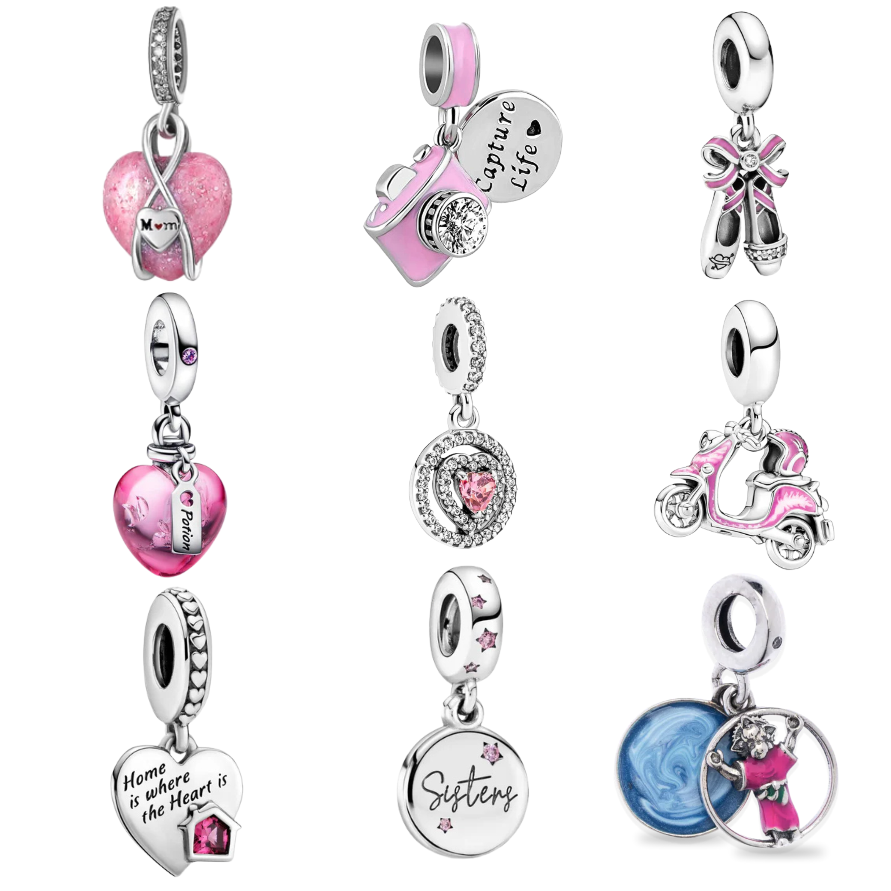 Cuentas Rosas Encantadoras para Pulsera | Dijes de Corazón, Cámara, Patinete y Lindos | Joyería de Regalo para Mujeres