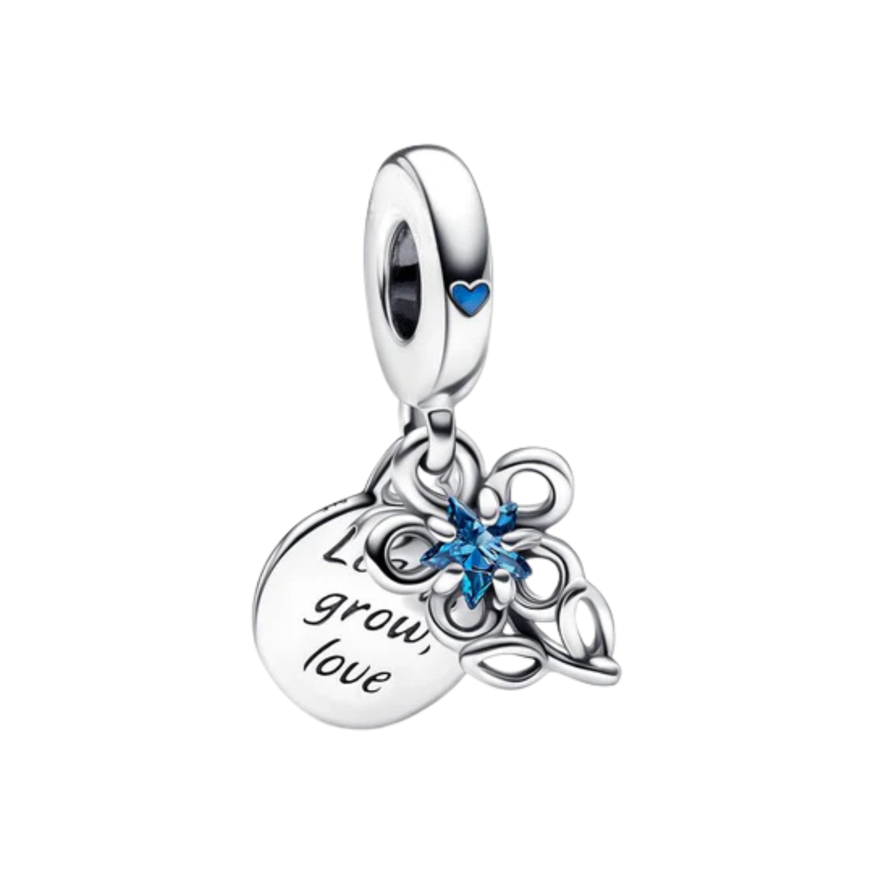 “Live Grow Love” Flower Charm | Blue Crystal Floral Dangle Charm | Meaningful Gift Jewelry for Women