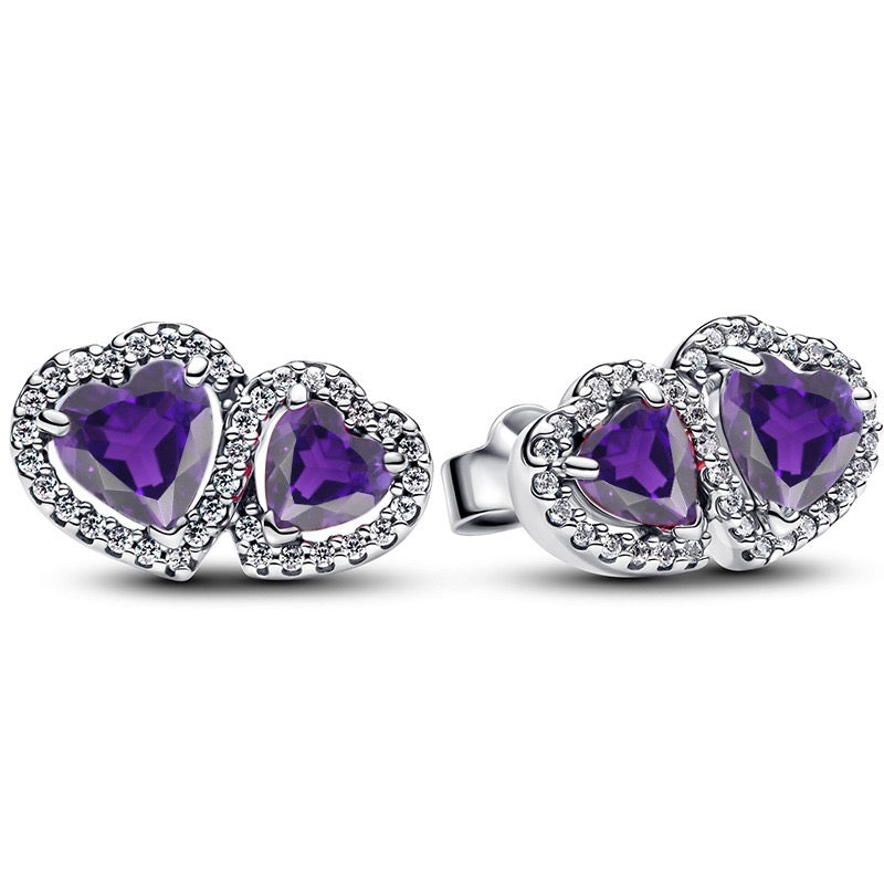 925 Sterling Silver Double Heart Jewelry Set – Necklace, Ring & Stud Earrings with Crystal Stones