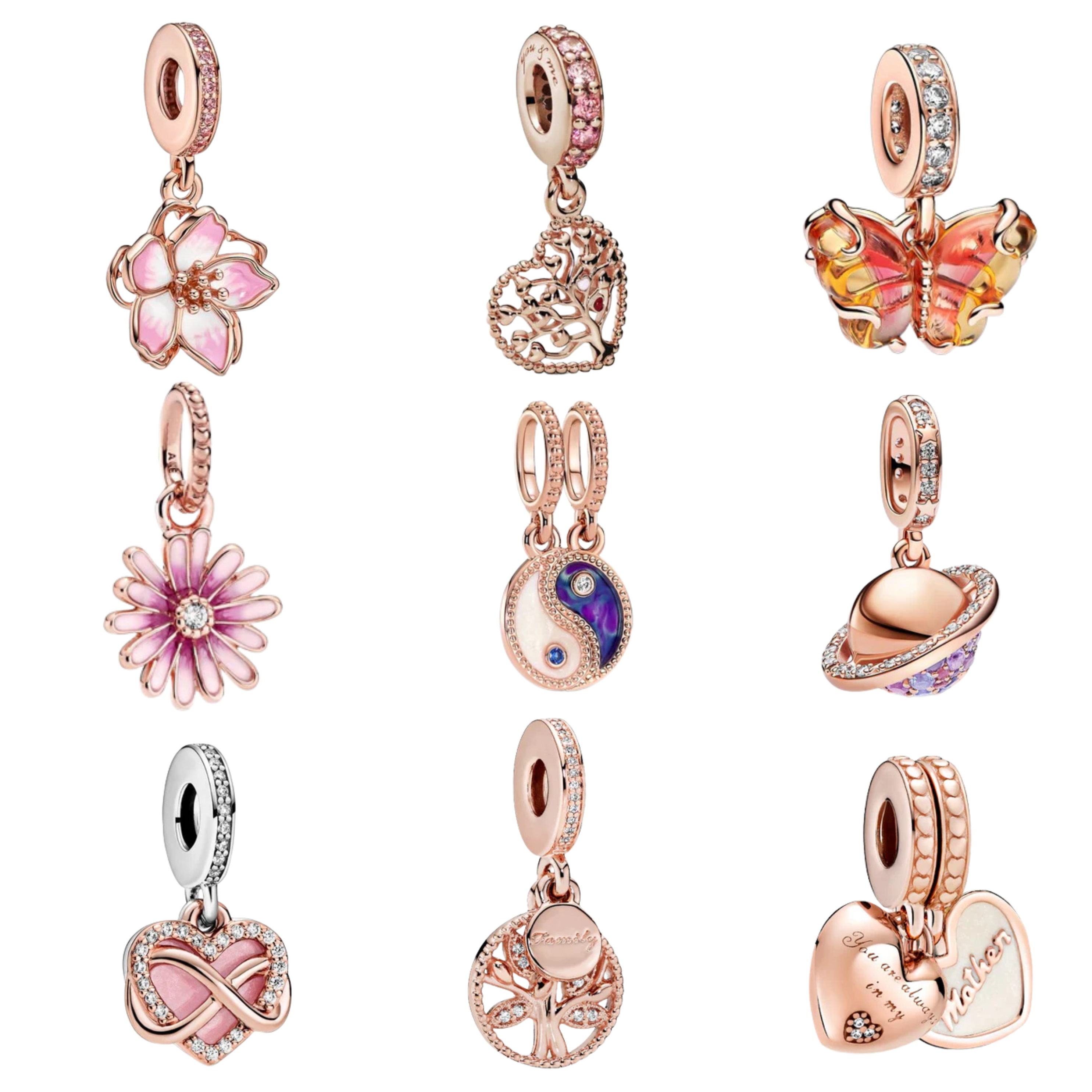 Abalorios de Dijes de Oro Rosa para Pulsera | Dijes Elegantes de Flor, Corazón y Cristal | Joyería de Lujo para Mujer
