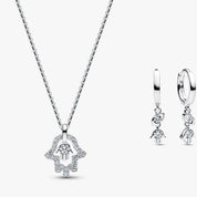 925 Sterling Silver Hamsa Hand Jewelry Set – Necklace & Hoop Earrings with CZ Stones