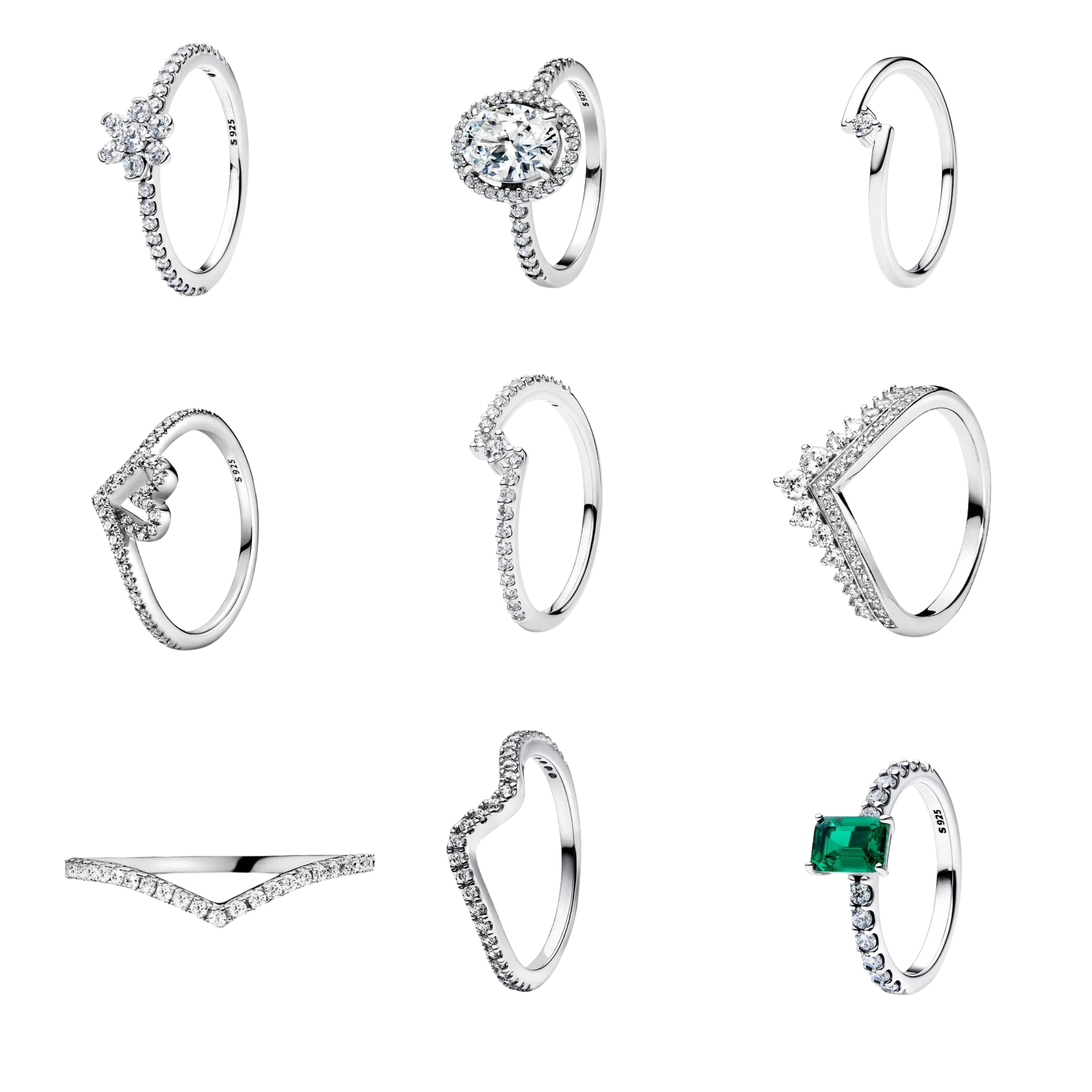 Women's Silver Tone Rings with Sparkling Cubic Zirconia – Elegant Stackable Rings, Heart, Flower, Crown & Emerald Green Stone Designs, Fashion Jewelry Gift for Her
