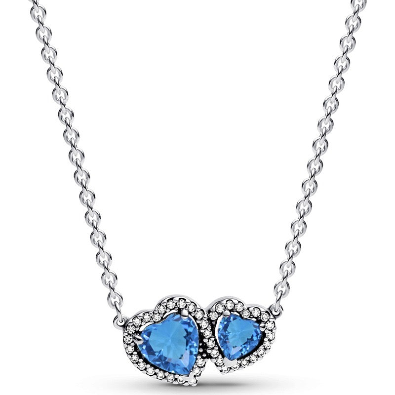 925 Sterling Silver Double Heart Jewelry Set – Necklace, Ring & Stud Earrings with Crystal Stones