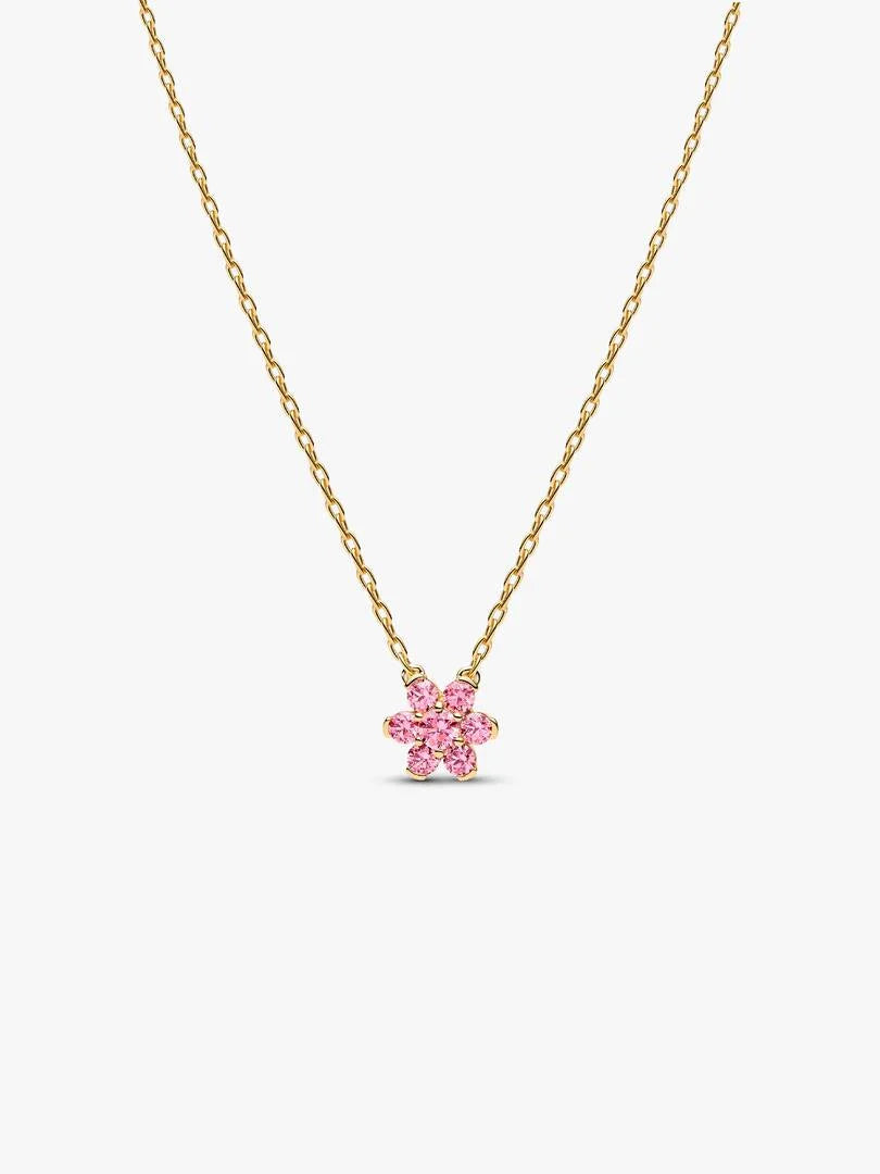 Women's Dainty Gold & Silver Tone Necklaces – Pink Crystal Flower Pendant, Sparkling Round CZ Style Necklace, Elegant Minimalist Jewelry Gifts for Her