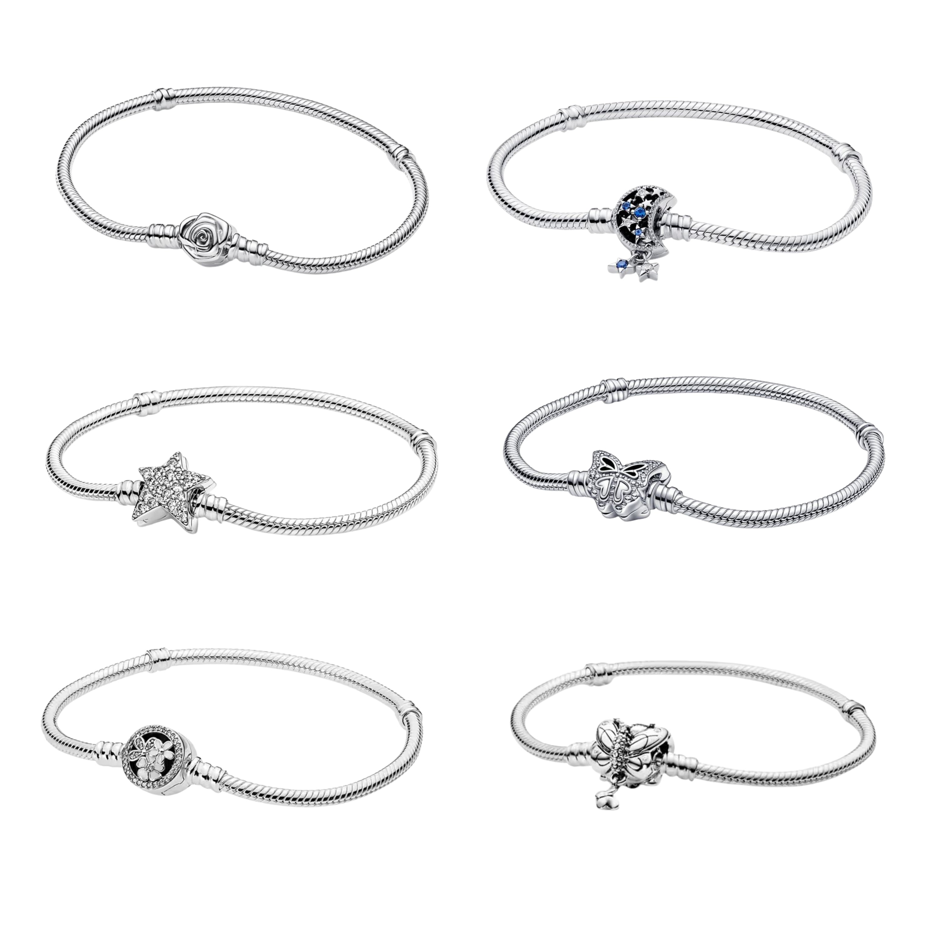 925 Sterling Silver Charm Bracelet for Women – Rose, Moon, Star, Butterfly & Floral Designs