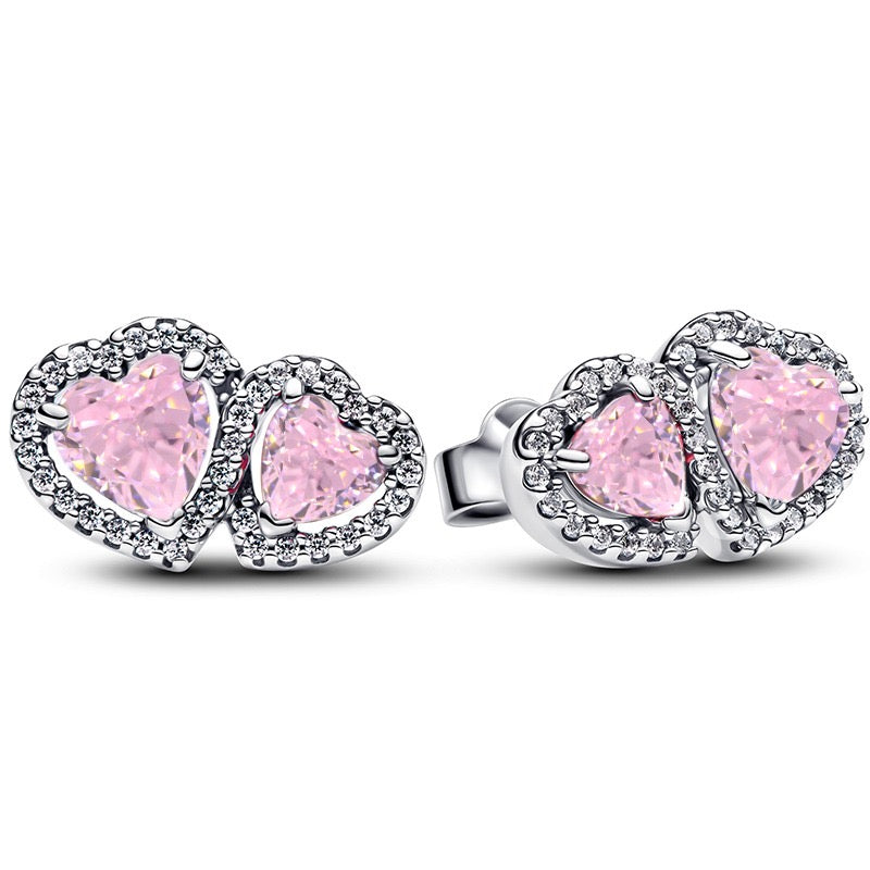 925 Sterling Silver Double Heart Jewelry Set – Necklace, Ring & Stud Earrings with Crystal Stones