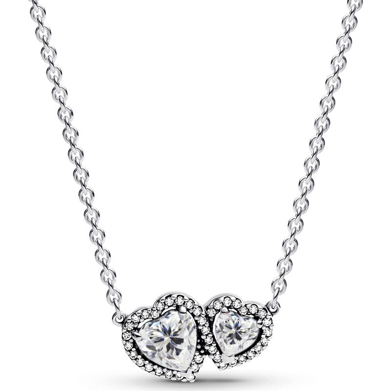 925 Sterling Silver Double Heart Jewelry Set – Necklace, Ring & Stud Earrings with Crystal Stones