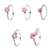 Women's Silver Tone Pink Crystal Rings – Sparkling Heart, Flower & Round Stone Designs, Dainty Stackable Rings, Elegant Fashion Jewelry Gifts for Her