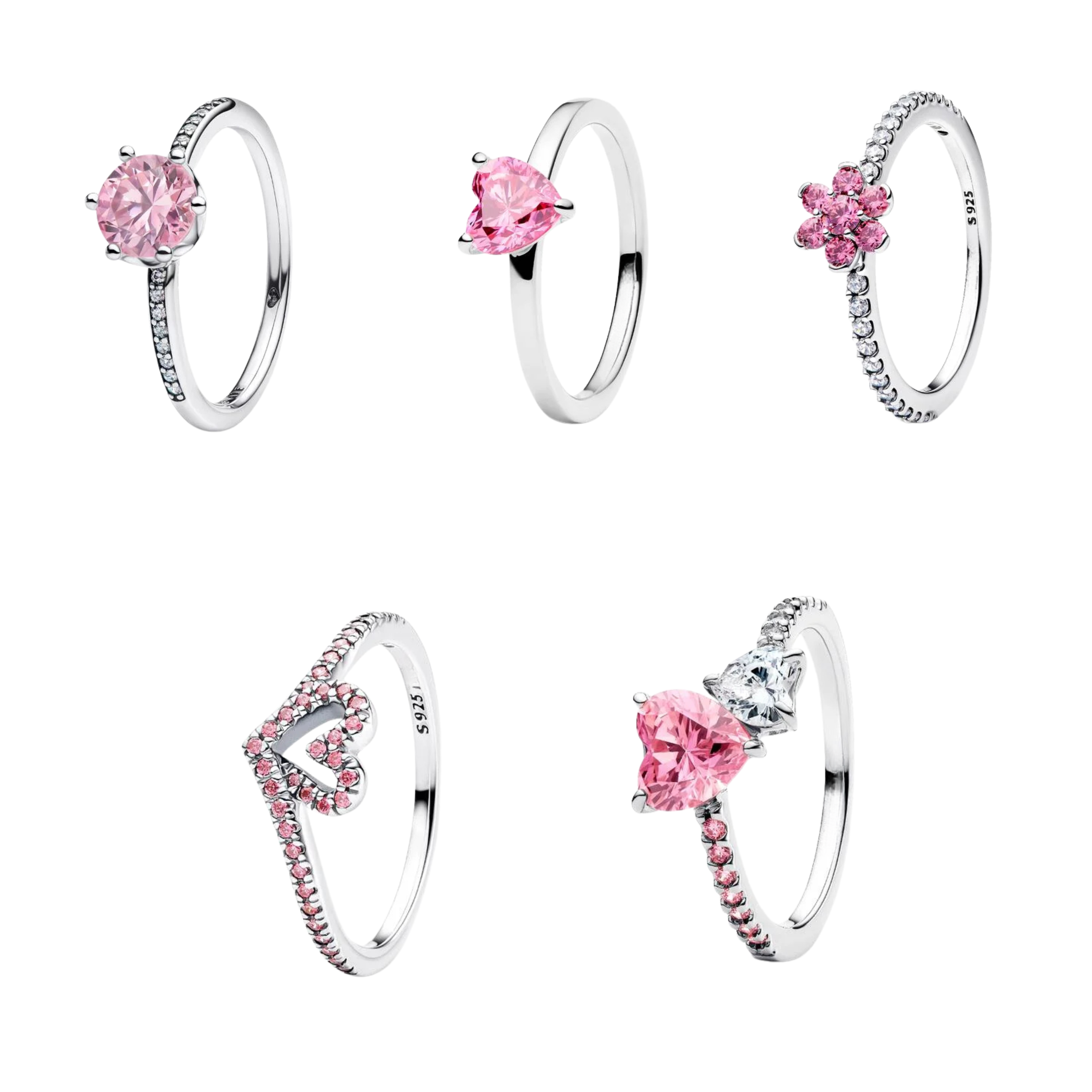 Women's Silver Tone Pink Crystal Rings – Sparkling Heart, Flower & Round Stone Designs, Dainty Stackable Rings, Elegant Fashion Jewelry Gifts for Her
