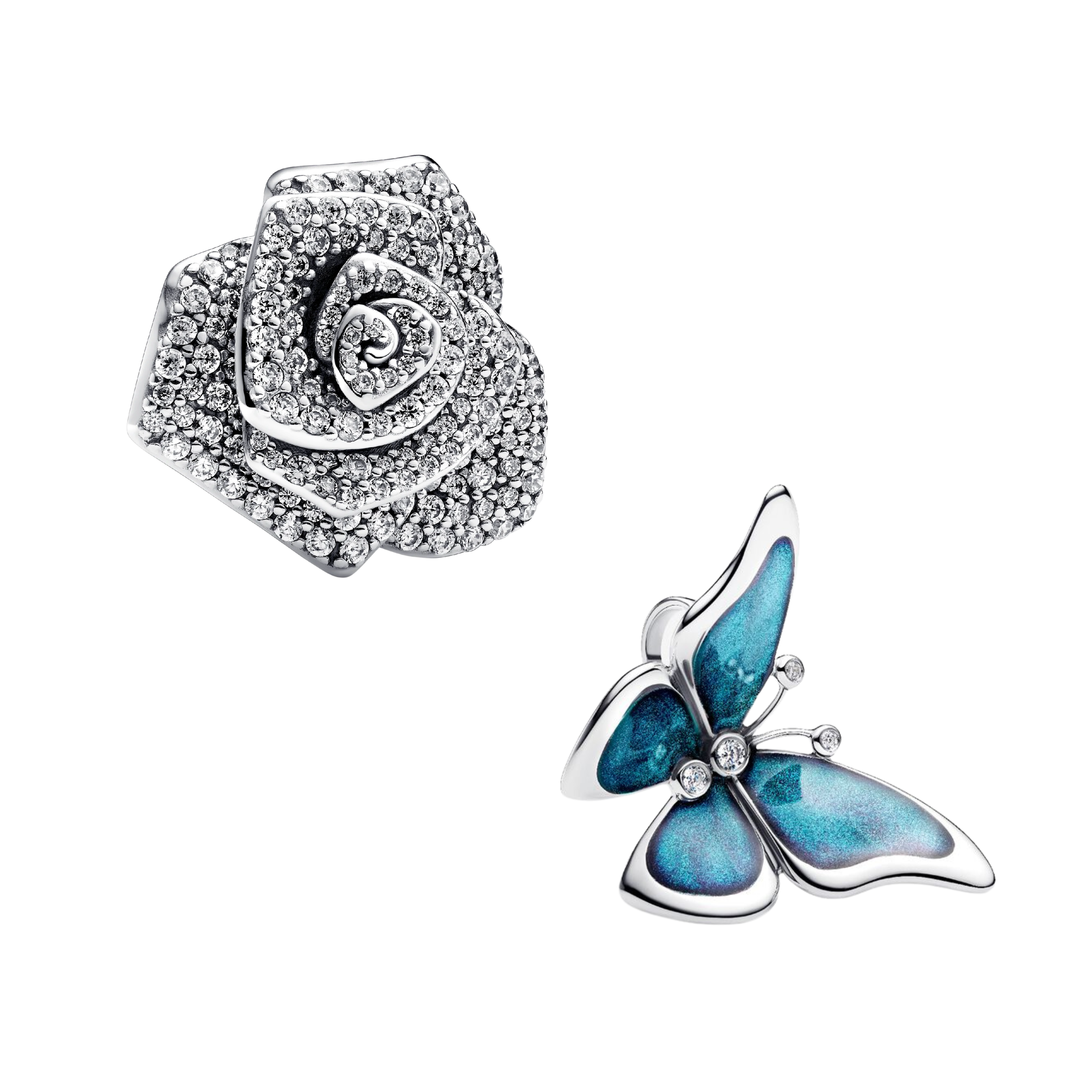 Elegant Flower Rose & Blue Butterfly Charms for Bracelets – Sparkling Silver Tone Jewelry Beads, Floral Charms for Women, DIY Bracelet Accessories