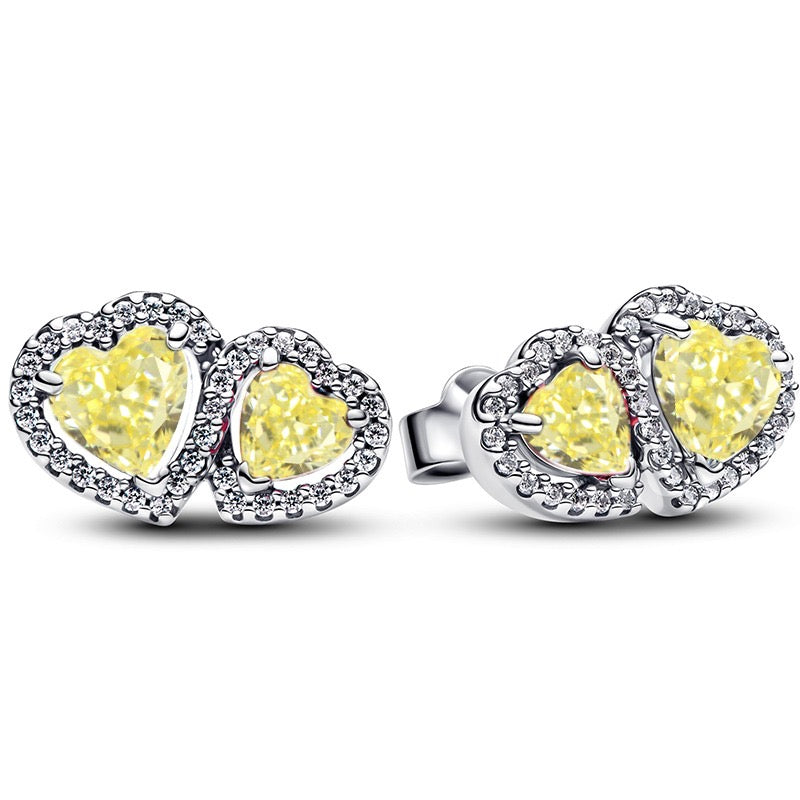 925 Sterling Silver Double Heart Jewelry Set – Necklace, Ring & Stud Earrings with Crystal Stones