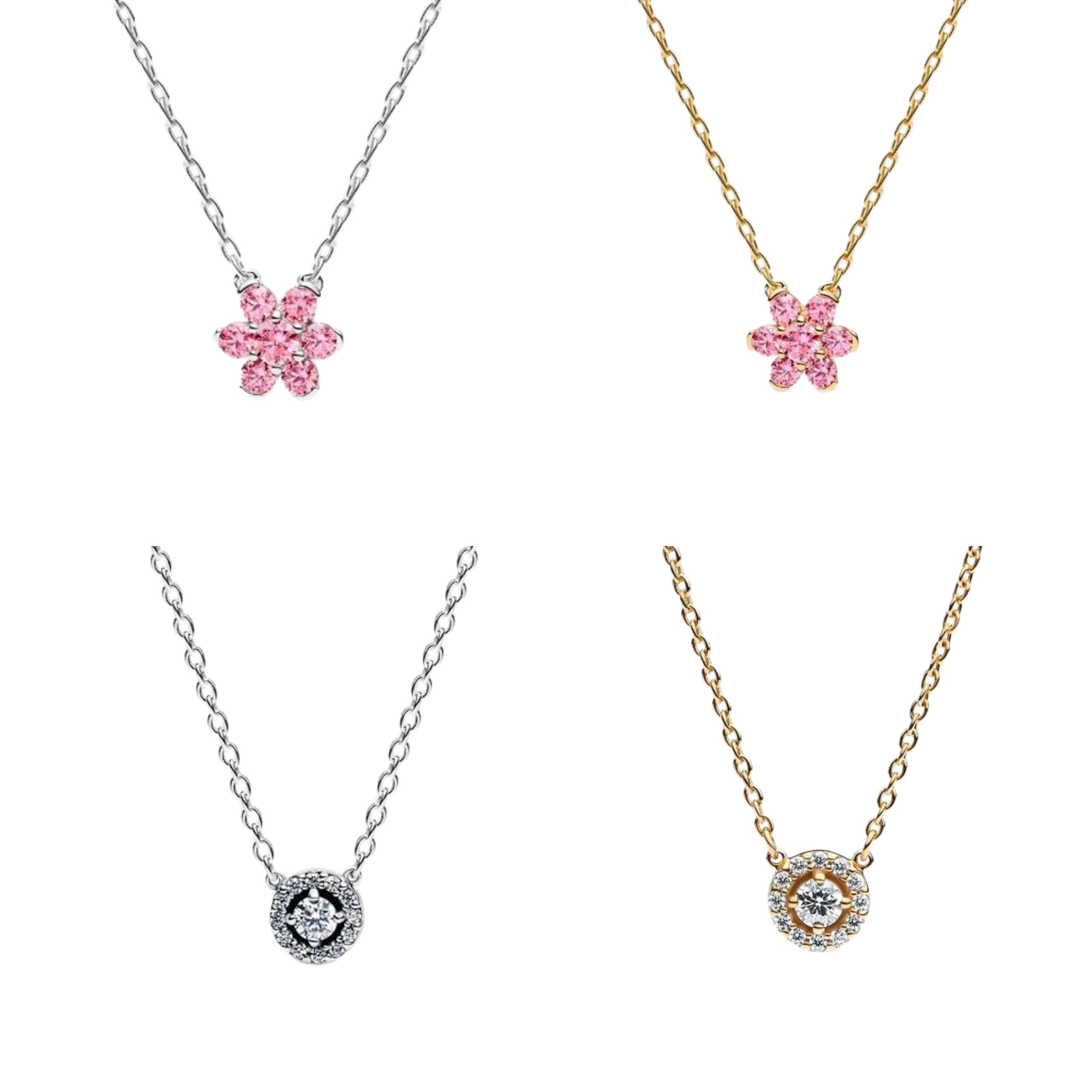 Women's Dainty Gold & Silver Tone Necklaces – Pink Crystal Flower Pendant, Sparkling Round CZ Style Necklace, Elegant Minimalist Jewelry Gifts for Her