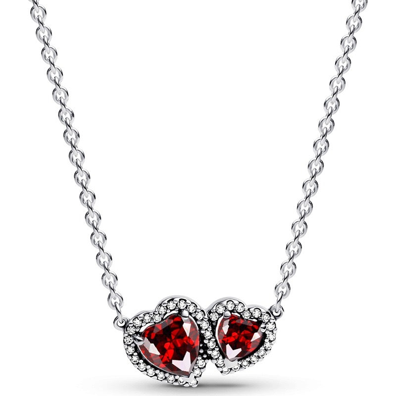 925 Sterling Silver Double Heart Jewelry Set – Necklace, Ring & Stud Earrings with Crystal Stones