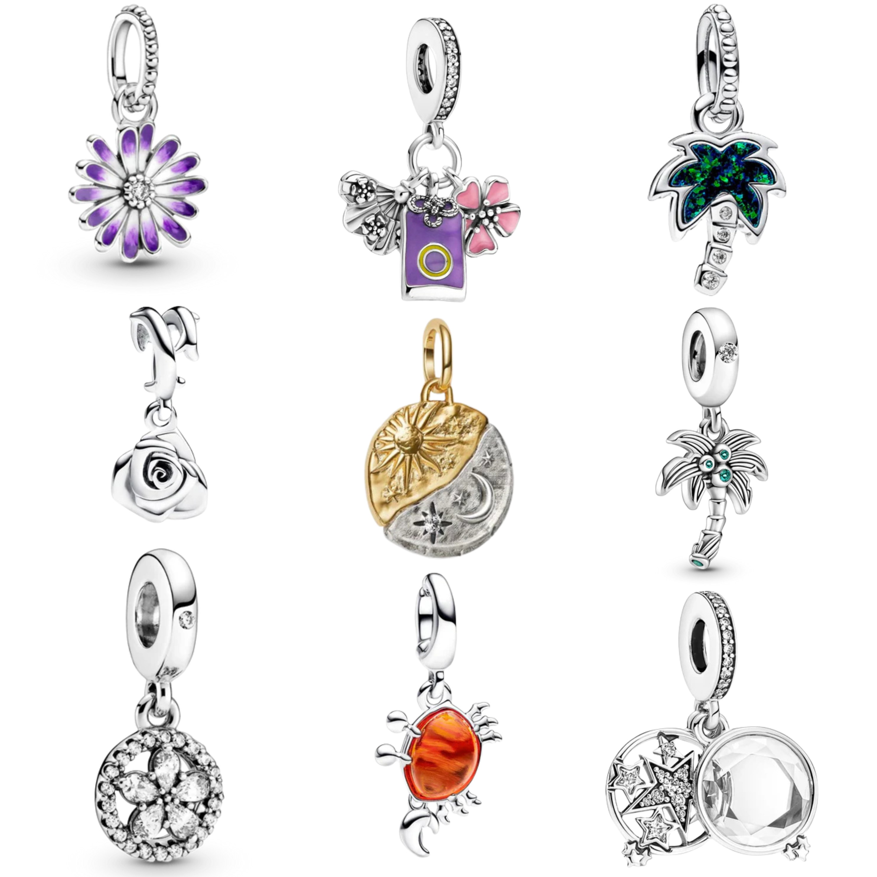 Cuentas de Encanto Estético para Pulsera | Dijes de Flor, Sol y Luna, Palmera y Cristal | Joyería Linda para Mujer