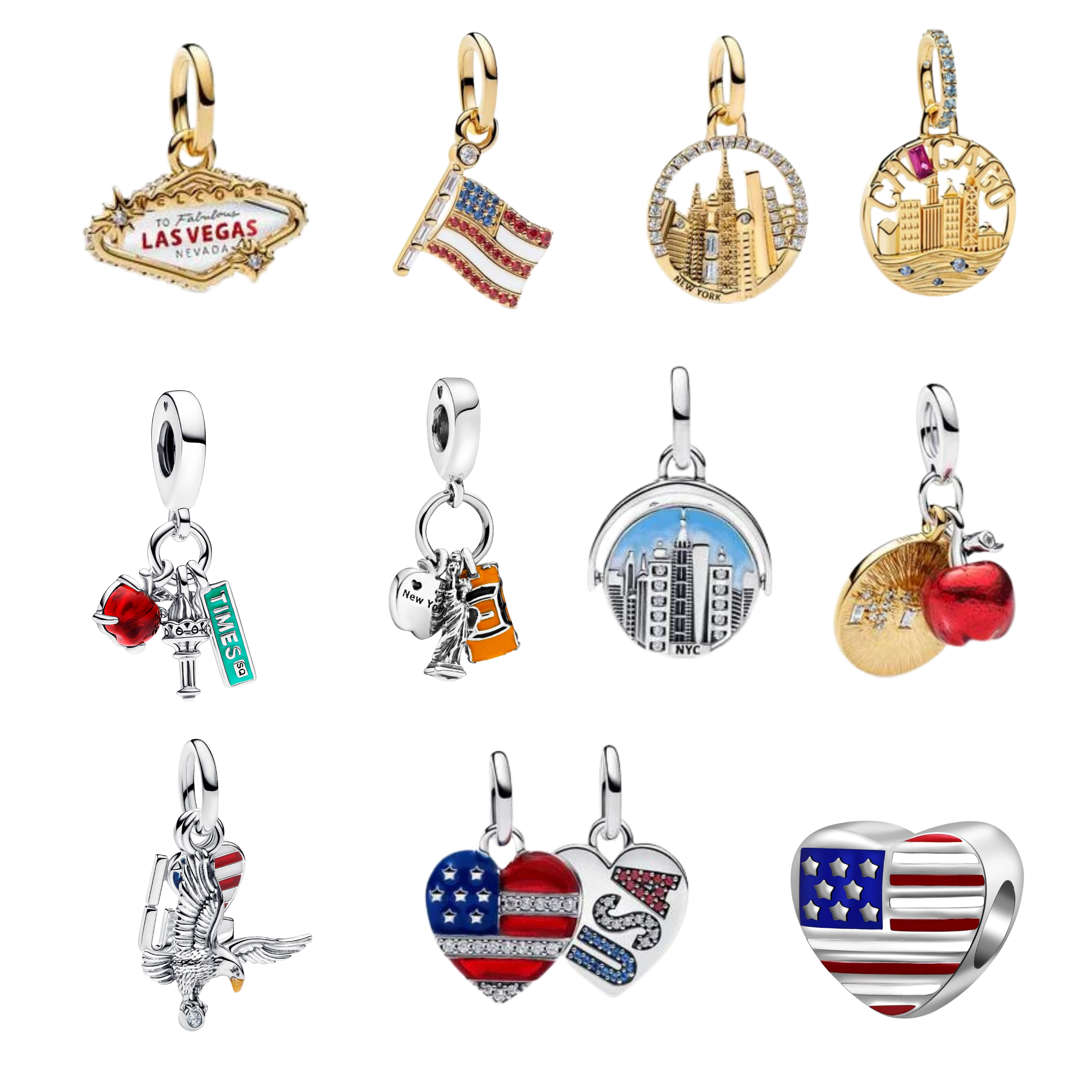 USA & New York Travel Charms for Bracelets – American Flag, NYC & Las Vegas Souvenir Charms