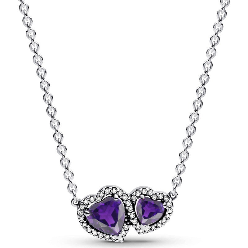 925 Sterling Silver Double Heart Jewelry Set – Necklace, Ring & Stud Earrings with Crystal Stones