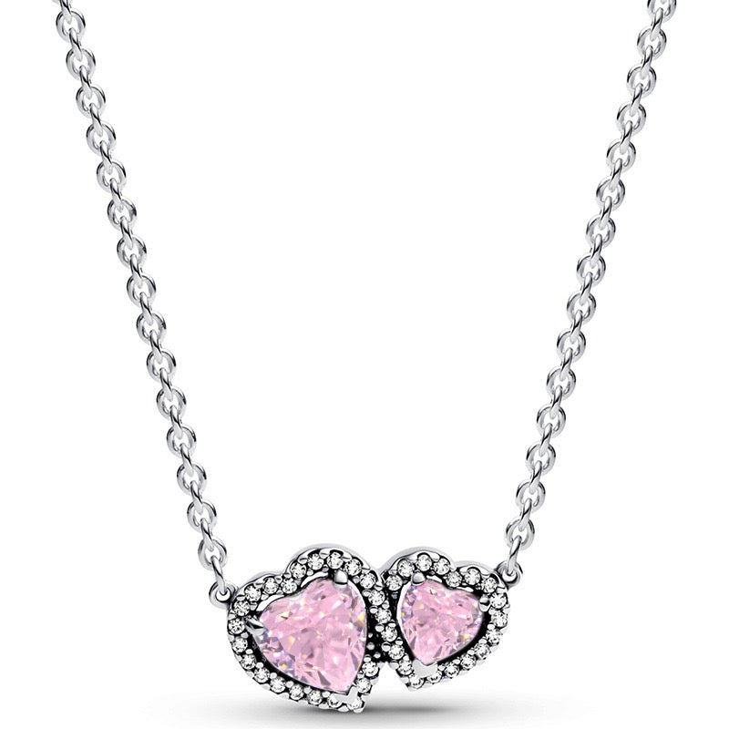 925 Sterling Silver Double Heart Jewelry Set – Necklace, Ring & Stud Earrings with Crystal Stones