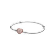 925 Sterling Silver Heart Charm Bracelet for Women – Elegant Snake Chain Bangle