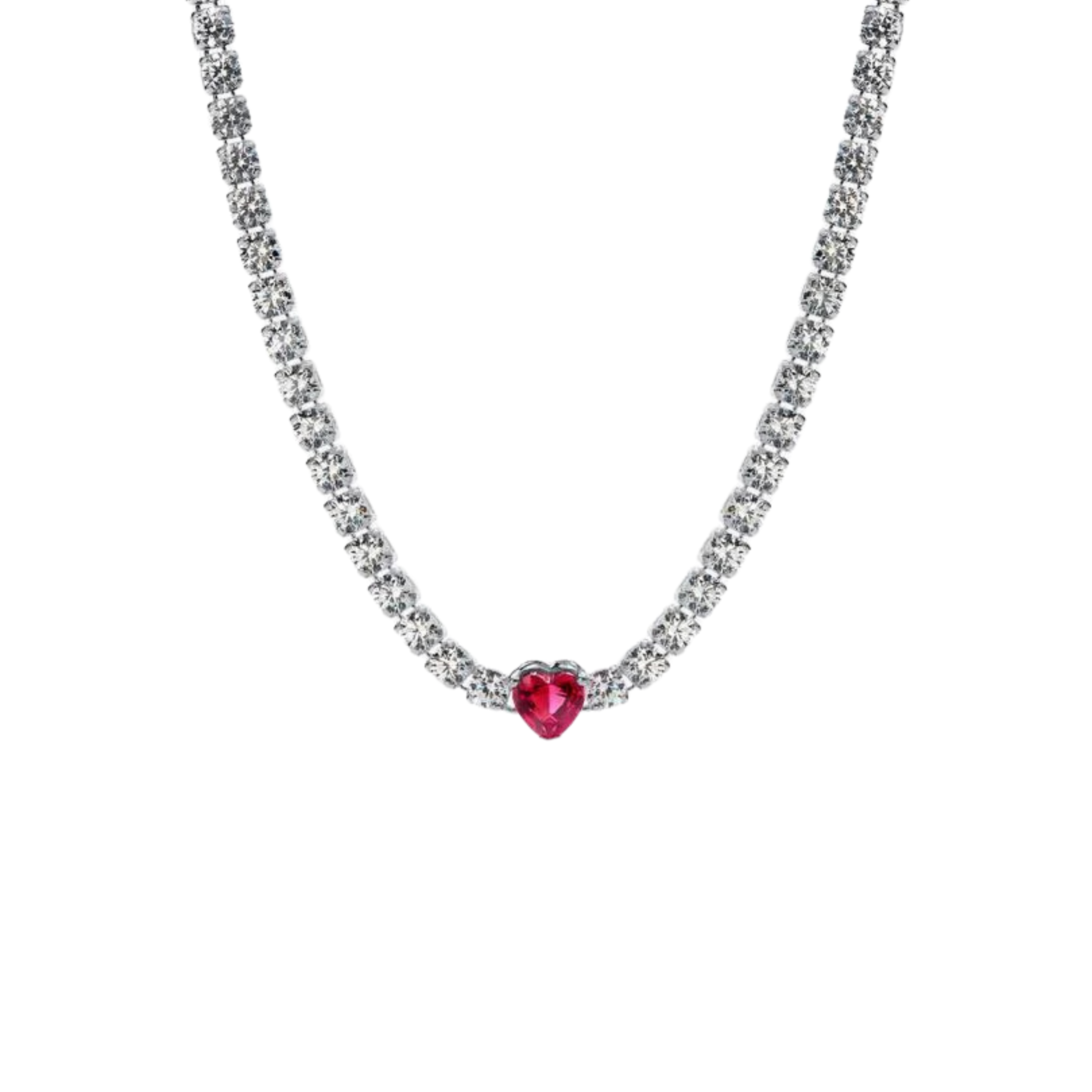 Women's Silver Tone Tennis Necklace with Red Heart Pendant – Sparkling Crystal Choker Necklace, Dainty Romantic Jewelry, Elegant Fashion Accessories, Valentine's Day Gift for Her