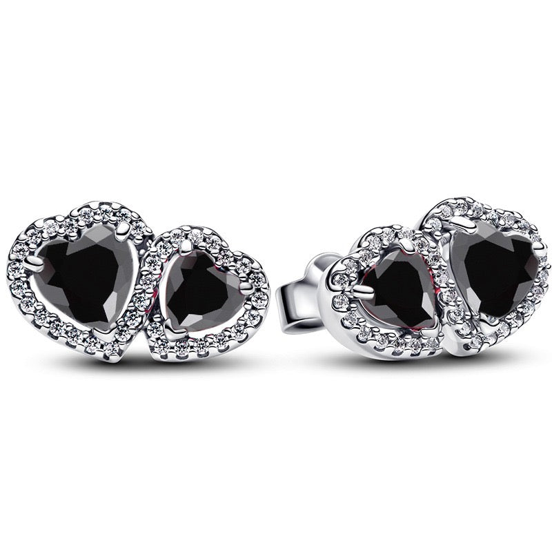 925 Sterling Silver Double Heart Jewelry Set – Necklace, Ring & Stud Earrings with Crystal Stones