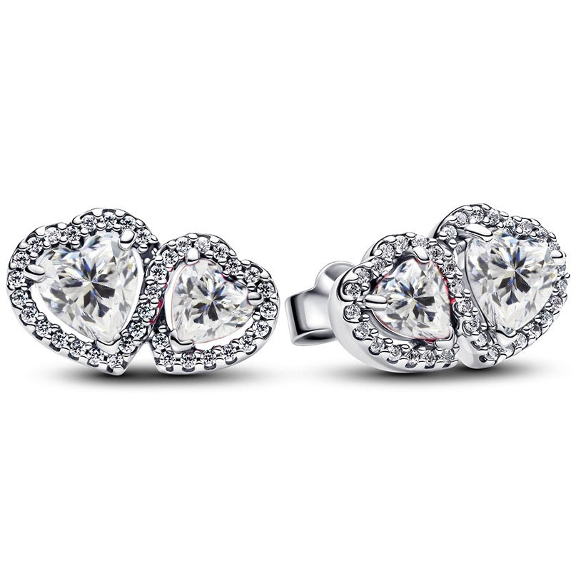 925 Sterling Silver Double Heart Jewelry Set – Necklace, Ring & Stud Earrings with Crystal Stones