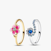 Elegant Ring Set for Women – Pink Flower Ring & Blue Crystal Ring, Stackable Fashion Jewelry Gift