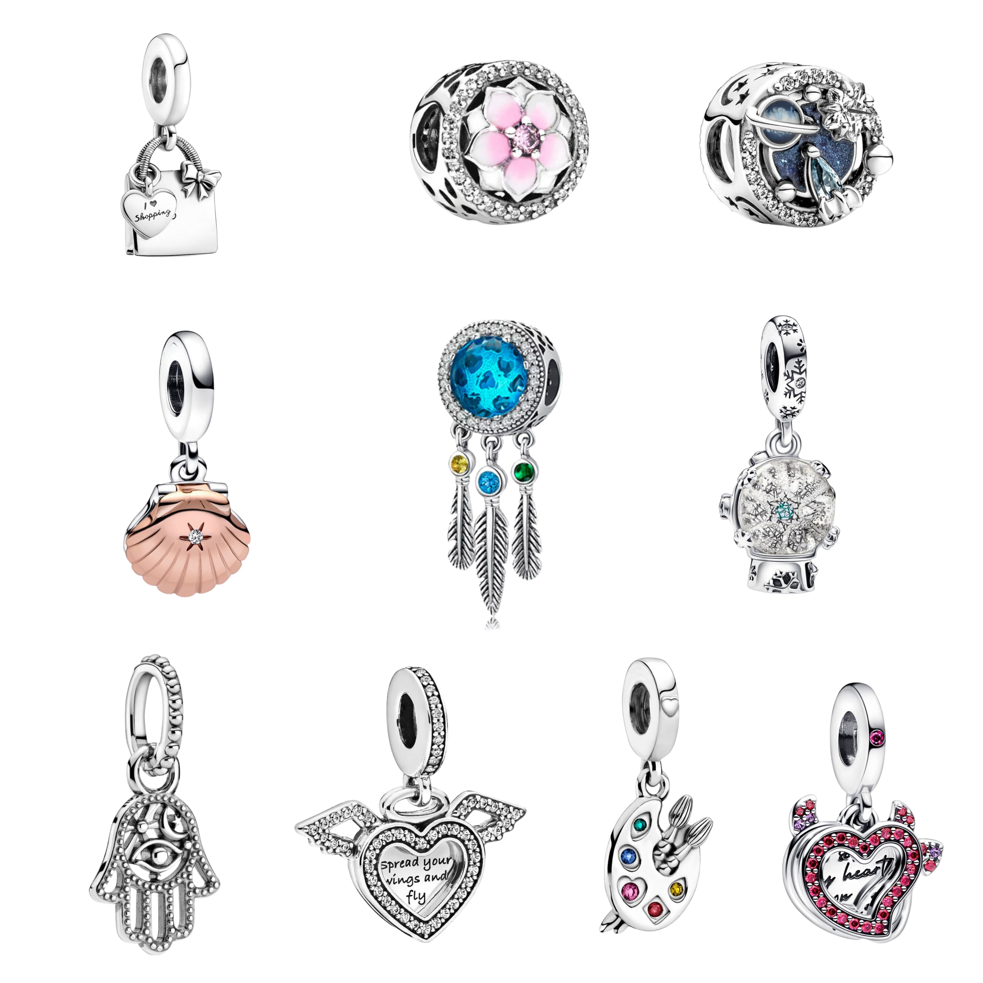 Charms 925 Sterling Silver Charm Collection – Heart, Flower, Dreamcatcher, Space & Dangle Charms for Bracelets
