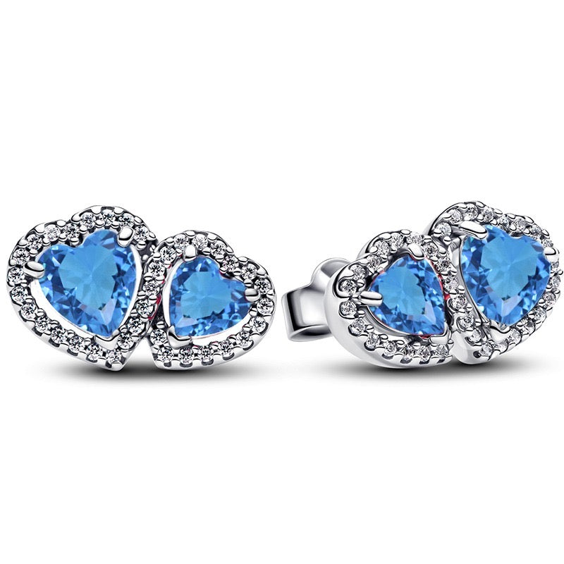 925 Sterling Silver Double Heart Jewelry Set – Necklace, Ring & Stud Earrings with Crystal Stones